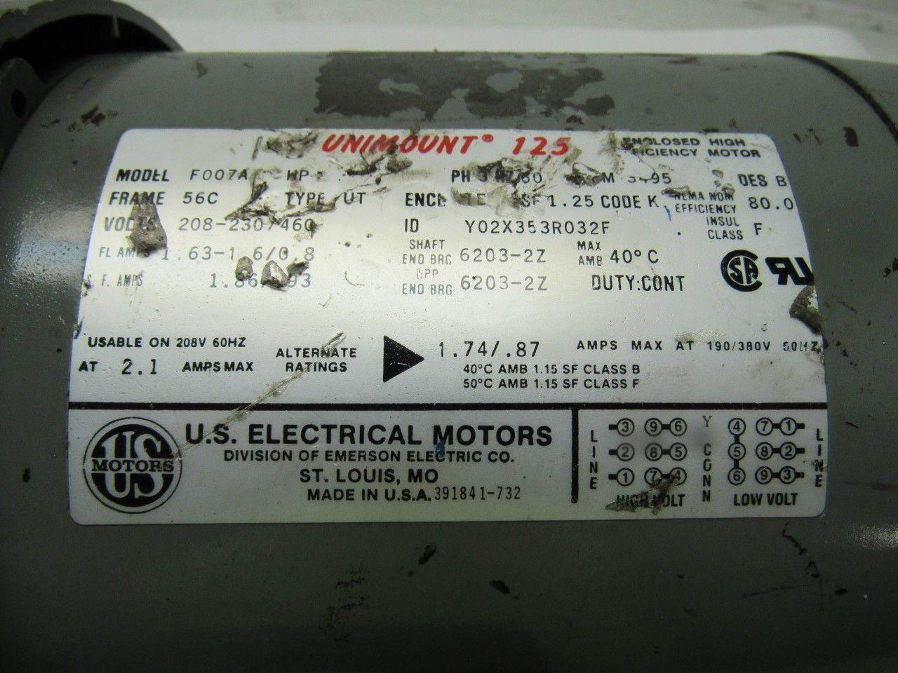 US Motors F007A 1/2HP Electric Motor 208-230/460V 3PH 56C Frame 3495RPM