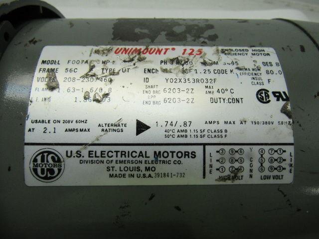 US Motors F007A 1/2HP Electric Motor 208-230/460V 3PH 56C Frame 3495RPM