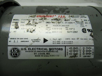 US Motors F007A 1/2HP Electric Motor 208-230/460V 3PH 56C Frame 3495RPM
