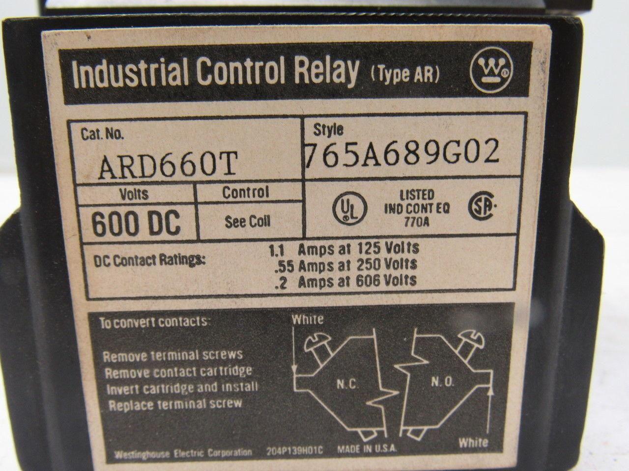 Westinghouse ARD660T Style 765A689G02 600VDC Control Relay 6 Pole 120V Coil