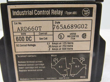 Westinghouse ARD660T Style 765A689G02 600VDC Control Relay 6 Pole 120V Coil