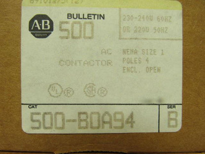 A-B Allen Bradley 500-B0A94 Series  B AC Contactor 230-240V Coil 50/60 HZ Size 1