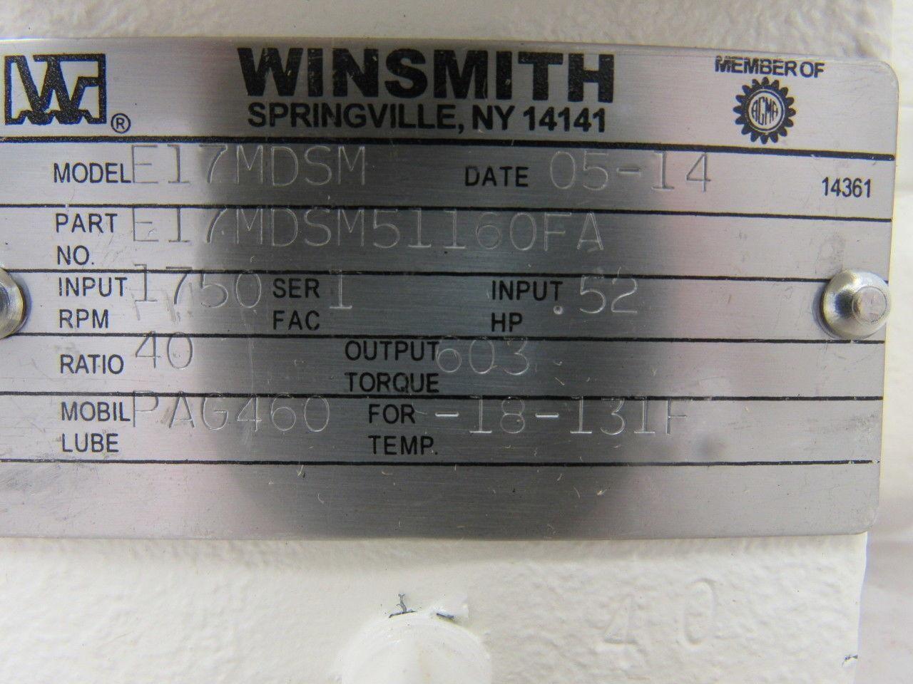 Winsmith E17MDSM51160FA Worm Gear Speed Reducer Hollow Output Shaft 40:1 Ratio