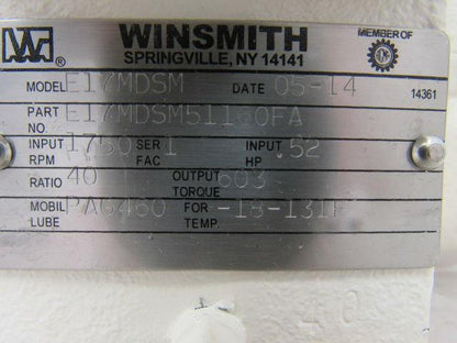 Winsmith E17MDSM51160FA Worm Gear Speed Reducer Hollow Output Shaft 40:1 Ratio