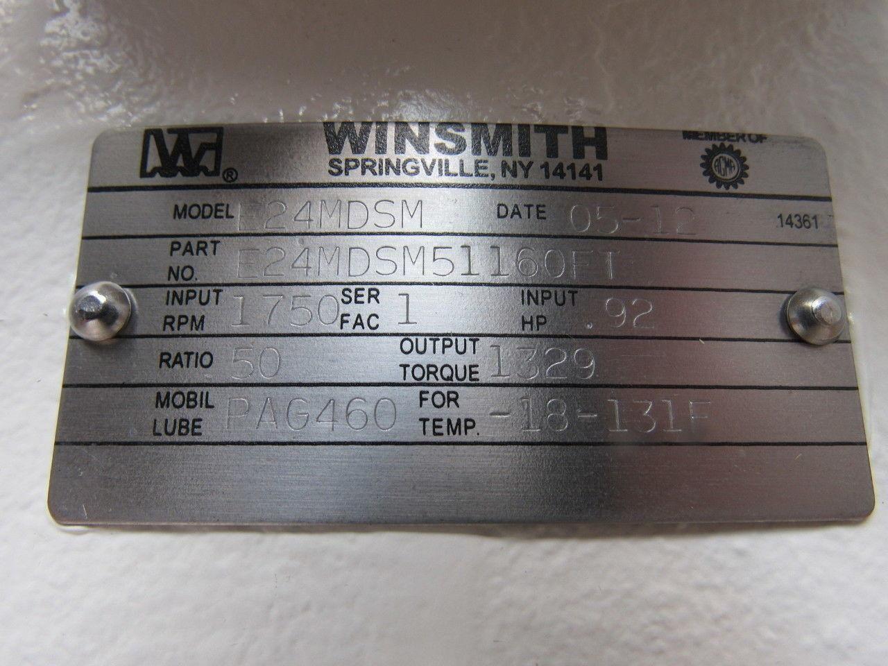 Winsmith E24MDSM51160FT Worm Gear Speed Reducer Hollow Output Shaft 50:1 Ratio