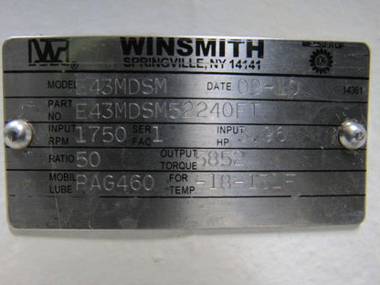Winsmith E43MDSM52240FT Single Reduction 50:1 Ratio Gear Speed Reducer