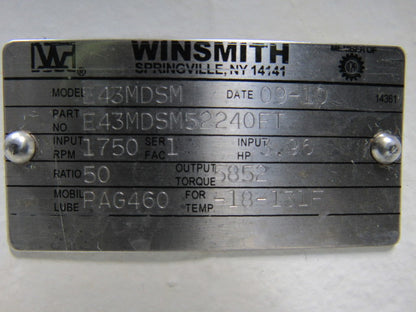 Winsmith E43MDSM52240FT Single Reduction 50:1 Ratio Gear Speed Reducer
