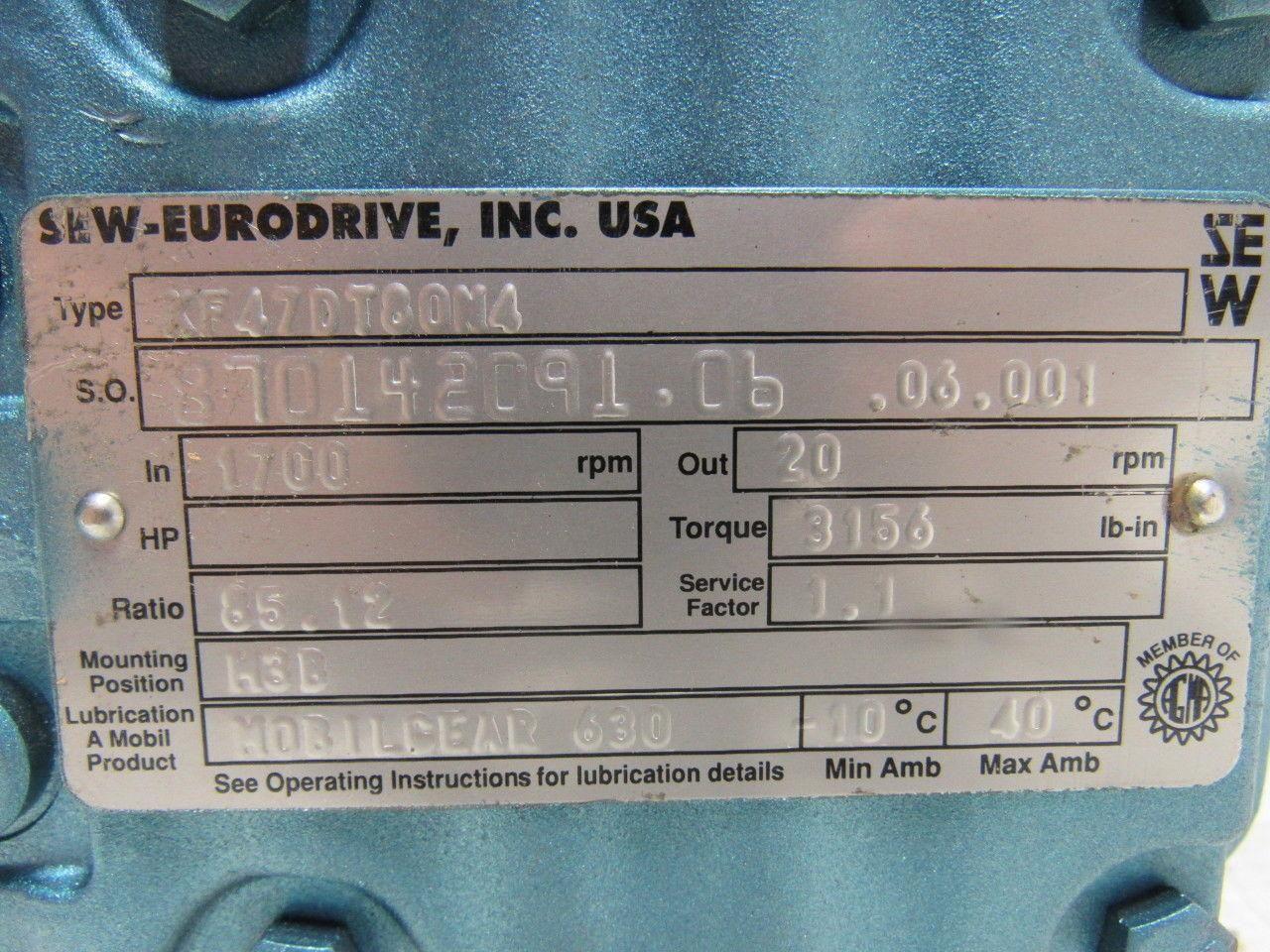SEW-EURODRIVE KF47DT80N4 1Hp Right Angle Gear Speed Reducer 230/460V 3Ph