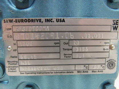 SEW-EURODRIVE KF47DT80N4 1Hp Right Angle Gear Speed Reducer 230/460V 3Ph