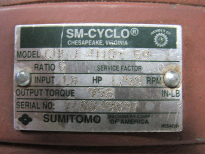 Sumitomo SM-Cyclo CNHJ-4110Y-69 Inline Gear Reducer 6:1 Ratio 4.8 Hp