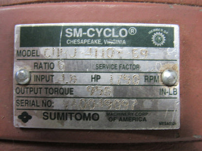 Sumitomo SM-Cyclo CNHJ-4110Y-69 Inline Gear Reducer 6:1 Ratio 4.8 Hp