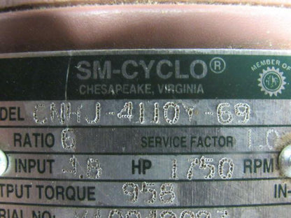Sumitomo SM-Cyclo CNHJ-4110Y-69 Inline Gear Reducer 6:1 Ratio 4.8 Hp