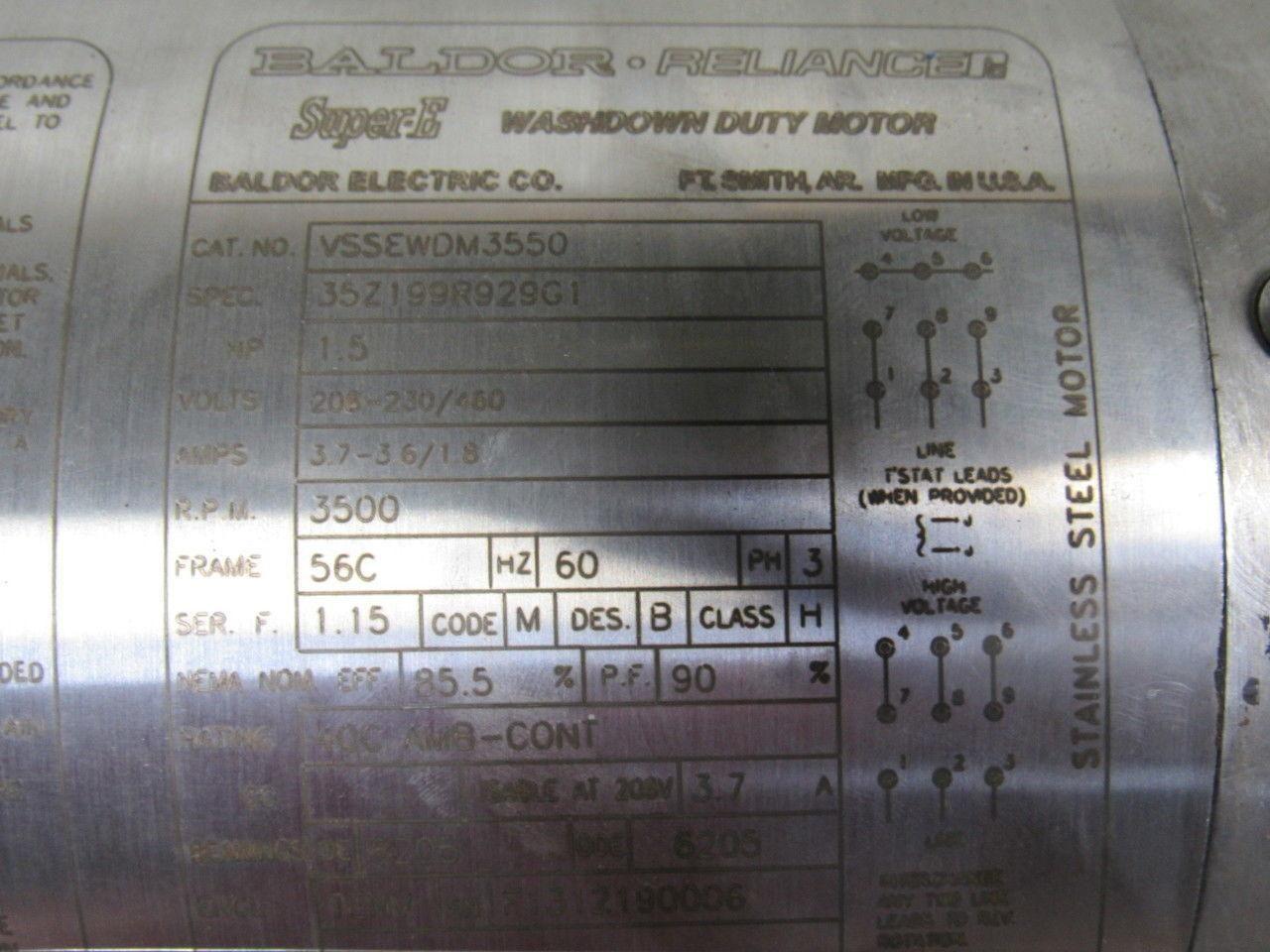 BALDOR VSSEWDM3550 1-1/2HP Washdown Motor 208-230/460v 3500RPM 56C