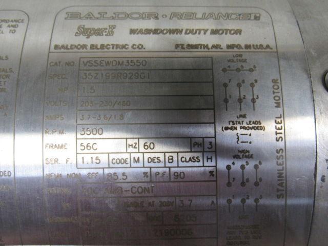 BALDOR VSSEWDM3550 1-1/2HP Washdown Motor 208-230/460v 3500RPM 56C