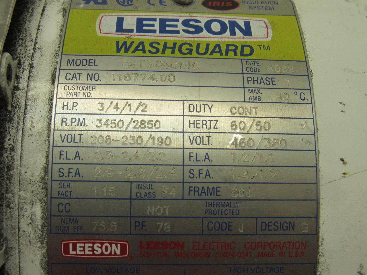 Leeson 116774.00 C6T34WC14C 3/4HP 3450RPM 208-230/460V 3PH Electric Motor