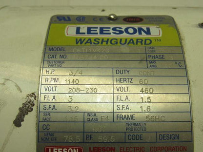 Leeson 	115744.00 C6T11VK2D 3/4HP 1140RPM 208-230/460V 3PH Electric Motor