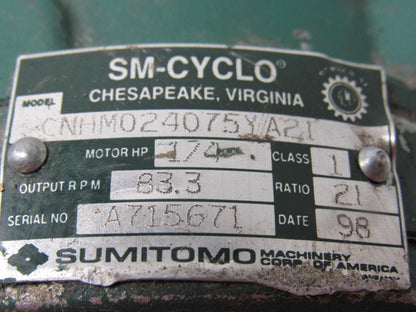 Sumitomo SM-Cyclo CNHM024075YA21 1/4HP Gear Motor 21:1 Ratio 208-230/460V 3Ph