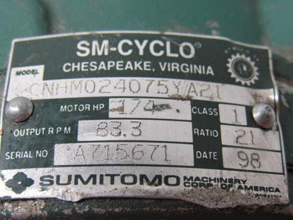 Sumitomo SM-Cyclo CNHM024075YA21 1/4HP Gear Motor 21:1 Ratio 208-230/460V 3Ph