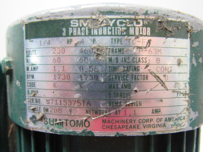 Sumitomo SM-Cyclo CNHM024075YA21 1/4HP Gear Motor 21:1 Ratio 208-230/460V 3Ph