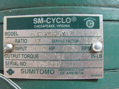 Sumitomo SM-Cyclo CNFJ4095Y17 1/2HP Gear Motor 17:1 Ratio 208-230/460V 3Ph