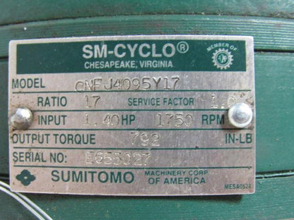 Sumitomo SM-Cyclo CNFJ4095Y17 1/2HP Gear Motor 17:1 Ratio 208-230/460V 3Ph
