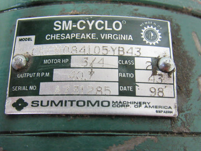Sumitomo SM-Cyclo CNFM084105YB43 3/4HP Gear Motor 43:1 Ratio 208-230/460V 3Ph