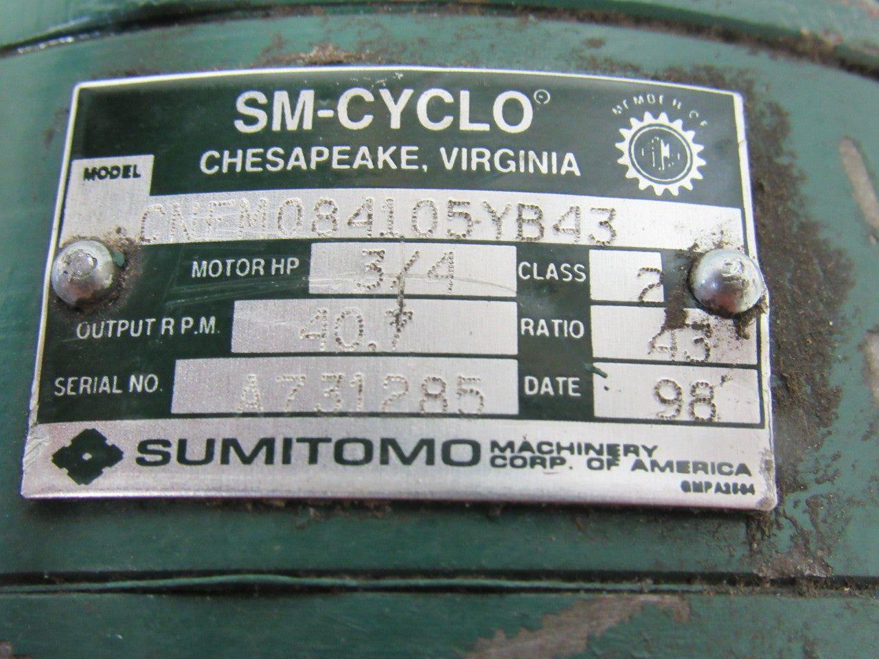 Sumitomo SM-Cyclo CNFM084105YB43 3/4HP Gear Motor 43:1 Ratio 208-230/460V 3Ph
