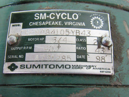 Sumitomo SM-Cyclo CNFM084105YB43 3/4HP Gear Motor 43:1 Ratio 208-230/460V 3Ph