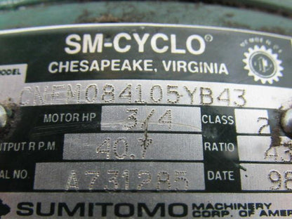 Sumitomo SM-Cyclo CNFM084105YB43 3/4HP Gear Motor 43:1 Ratio 208-230/460V 3Ph