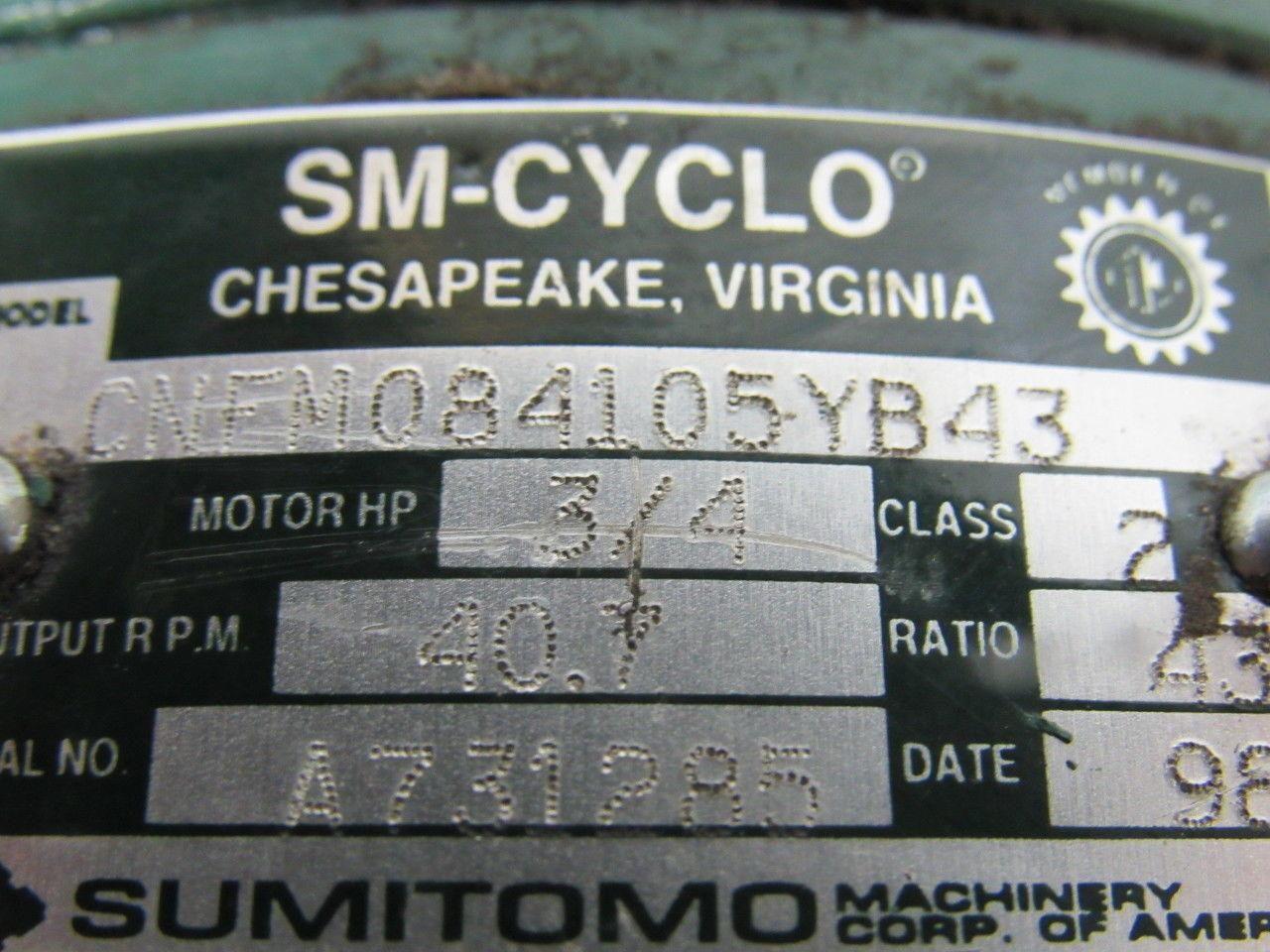 Sumitomo SM-Cyclo CNFM084105YB43 3/4HP Gear Motor 43:1 Ratio 208-230/460V 3Ph