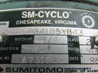Sumitomo SM-Cyclo CNFM084105YB43 3/4HP Gear Motor 43:1 Ratio 208-230/460V 3Ph