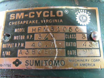 Sumitomo SM-Cyclo HFM3105C 3/4HP Gear Motor 43:1 Ratio 208-230/460V 3Ph