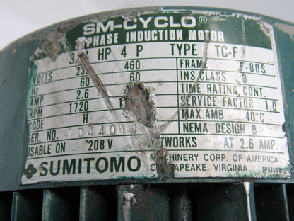 Sumitomo SM-Cyclo HFM3105C 3/4HP Gear Motor 43:1 Ratio 208-230/460V 3Ph