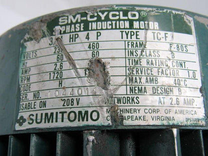 Sumitomo SM-Cyclo HFM3105C 3/4HP Gear Motor 43:1 Ratio 208-230/460V 3Ph
