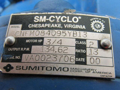 Sumitomo SM-Cyclo CNFM084095YB13 3/4HP Gear Motor 13:1 Ratio 208-230/460V 3Ph