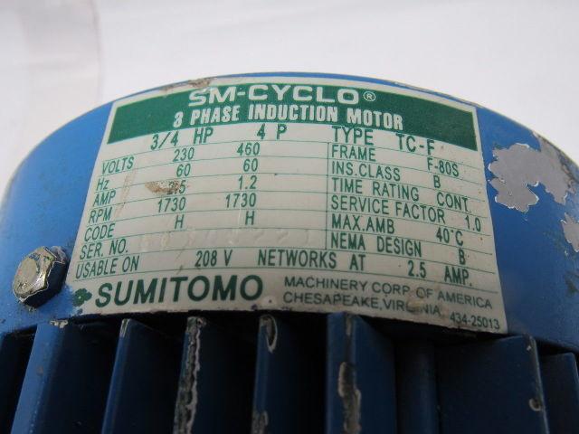 Sumitomo SM-Cyclo CNFM084095YB13 3/4HP Gear Motor 13:1 Ratio 208-230/460V 3Ph