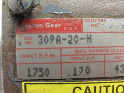 Boston Gear 309A-20-H Right Angle Double Shaft Speed Reducer Gear Box 20:1 Ratio