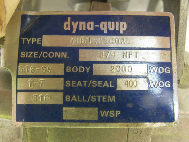 Dyna-Quip AP3S/VH12TC2B Pneumatic Actuator W/ 3/4" NPT Ball Valve