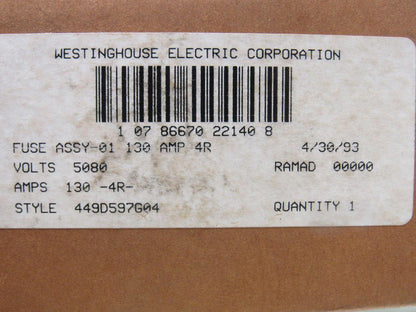 Westinghouse 449D597G04 Single Barrel Ferrule Mounted R-Rated Fuse 130A