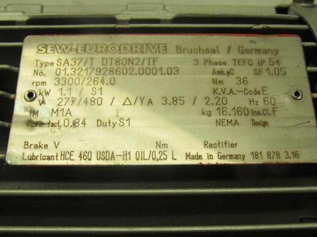 SEW-EURODRIVE SA37/T DT80N2/TF Reducer Gearmotor 1.1kW 3300RPM 277/480V  264RPM