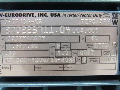 SEW-EURODRIVE FAZ57DT71D6-KS Gear Motor .33HP 3PH 230/460V 157.09:1 Ratio