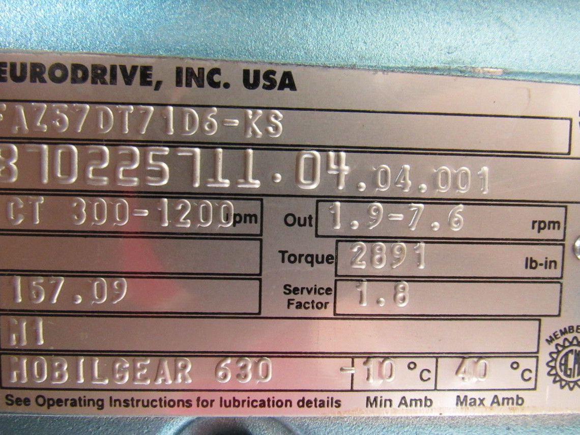 SEW-EURODRIVE FAZ57DT71D6-KS Gear Motor .33HP 3PH 230/460V 157.09:1 Ratio
