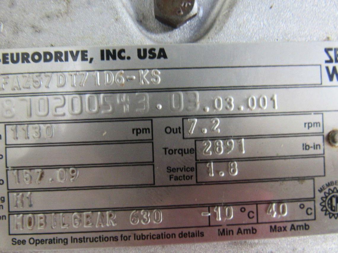SEW-EURODRIVE FAZ57DT71D6-KS Gear Motor .33HP 3PH 230/460V 157.09:1 Ratio