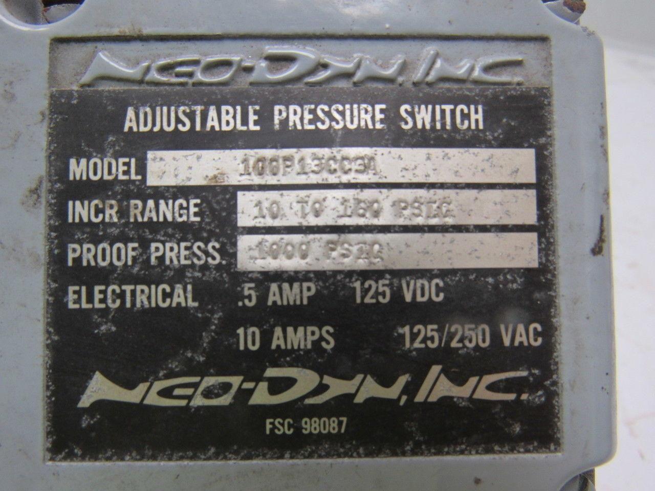 NEO-DYN Inc 100P13CC3A Pressure Switch  10 to 150 Psi  .5A/125VDC 10A/125/250V
