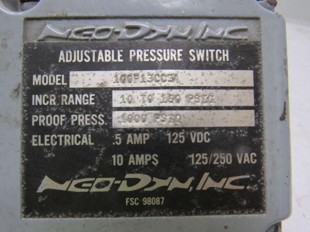 NEO-DYN Inc 100P13CC3A Pressure Switch  10 to 150 Psi  .5A/125VDC 10A/125/250V