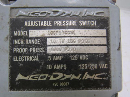 NEO-DYN Inc 100P13CC3A Pressure Switch  10 to 150 Psi  .5A/125VDC 10A/125/250V