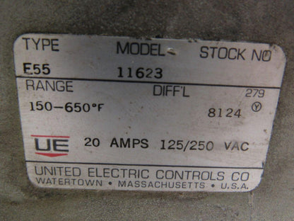 United Electric UE Model 11623 Type E55 Thermometer Switch 20A 125/250V