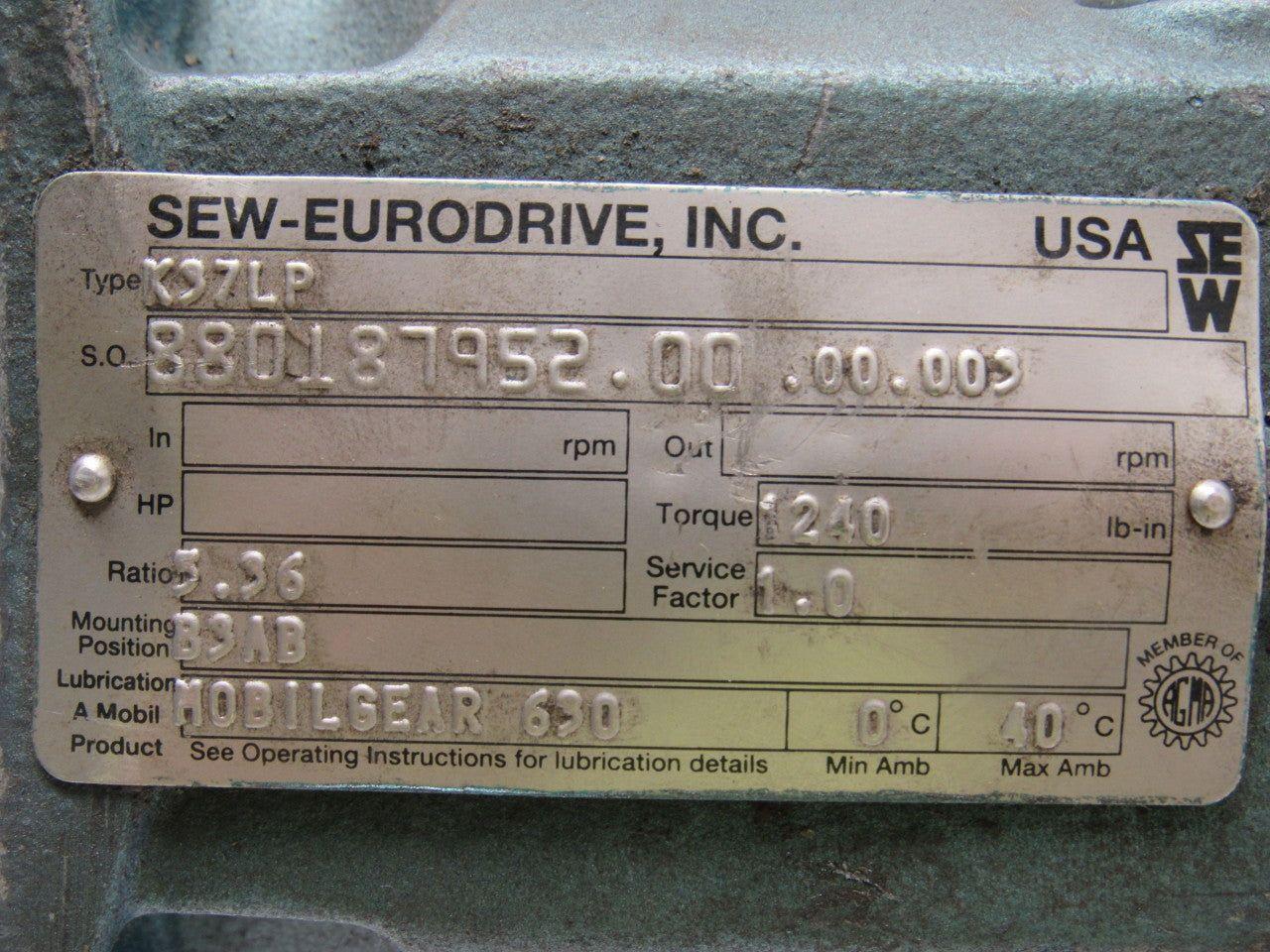 SEW-EURODRIVE K37LP 5.36:1 Ratio Double Shaft Gear Box Speed Reducer
