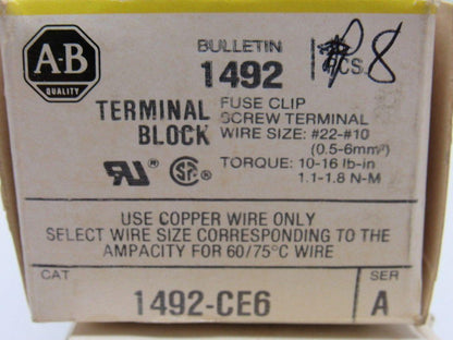 Allen Bradley 1492-CE6 Ser. A Terminal Block Fuse Clip Screw #22-#10 Lot Of 18