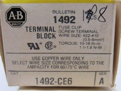 Allen Bradley 1492-CE6 Ser. A Terminal Block Fuse Clip Screw #22-#10 Lot Of 18